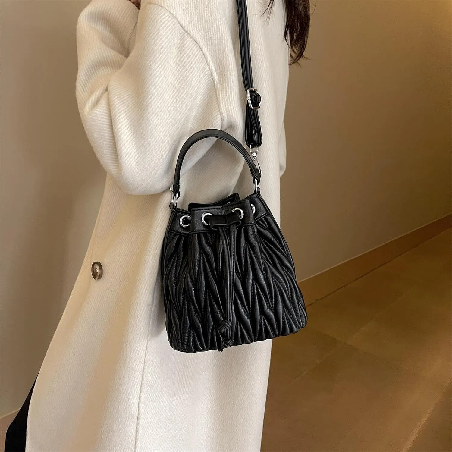 Drawstring Bucket Cross body Bags for Women Handbags Purses Designer Soft Vegan Leather Shoulder Bags (Khaki)