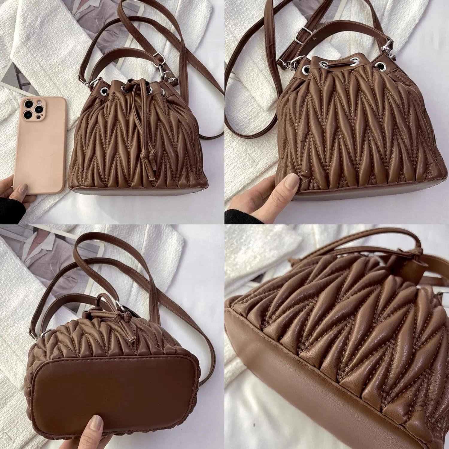 Drawstring Bucket Cross body Bags for Women Handbags Purses Designer Soft Vegan Leather Shoulder Bags (Khaki)