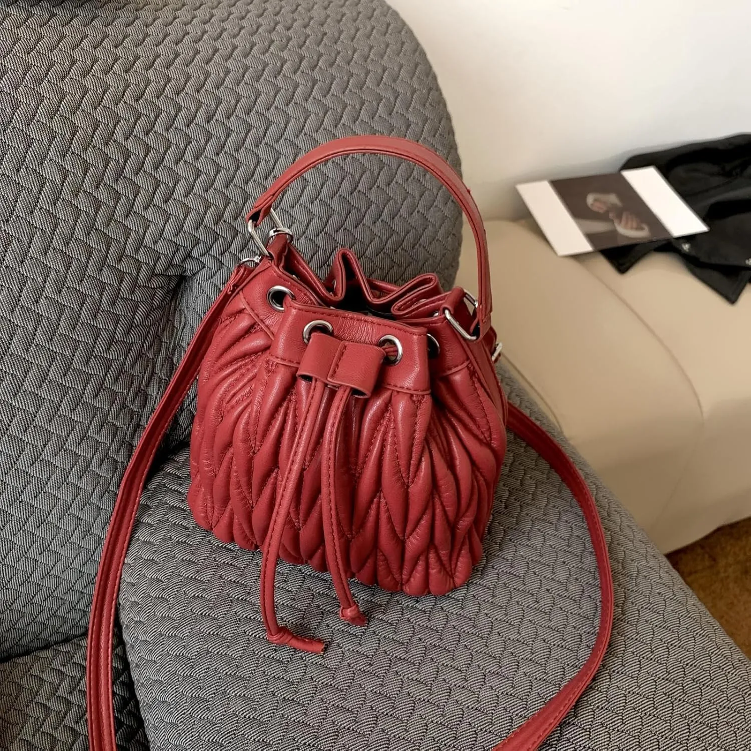 Drawstring Bucket Cross body Bags for Women Handbags Purses Designer Soft Vegan Leather Shoulder Bags (Khaki)