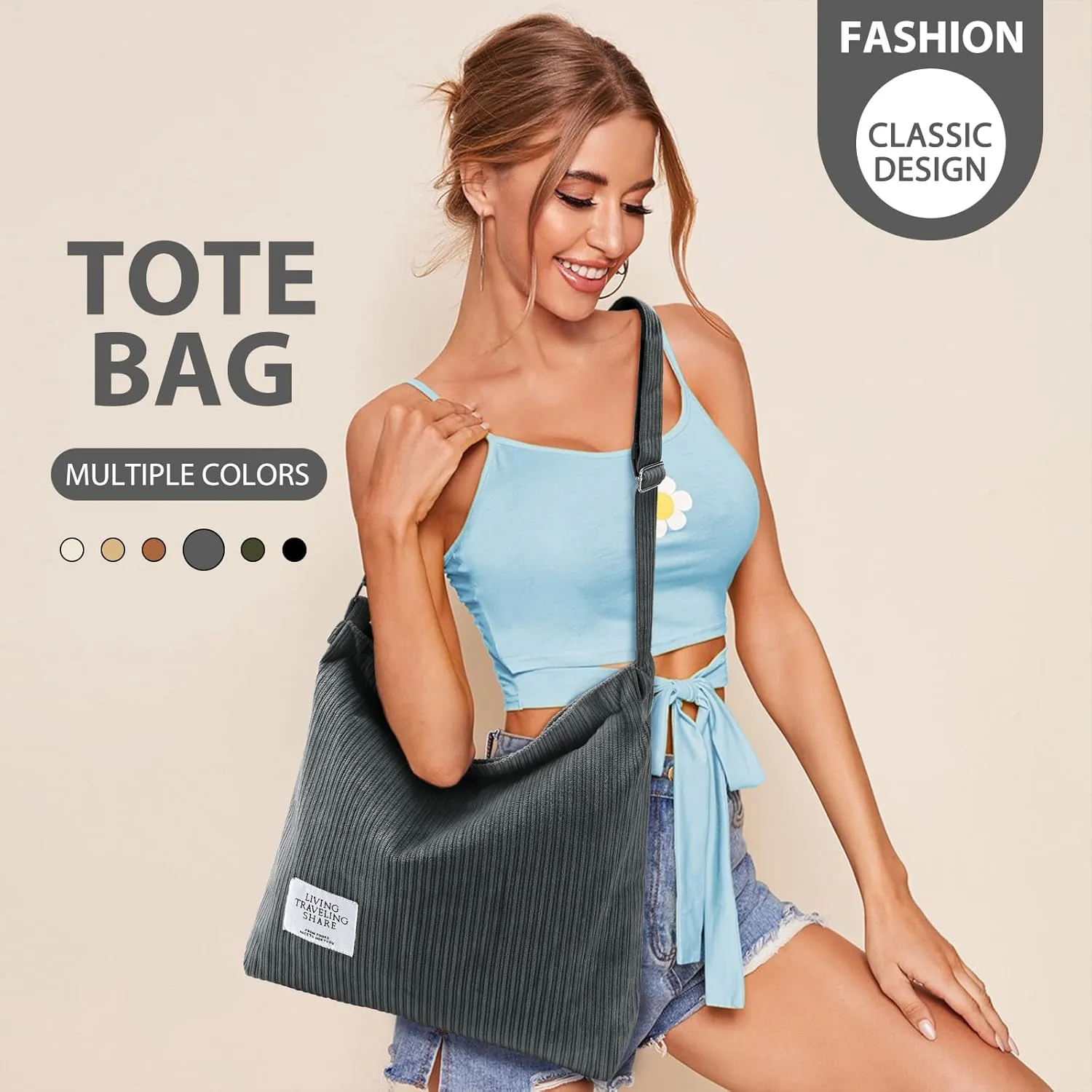 EIMMBD Corduroy Tote Bag for Women Tote Bag Aesthetic Handbags Shoulder Bag Crossbody Bag with Zipper for Travel Work
