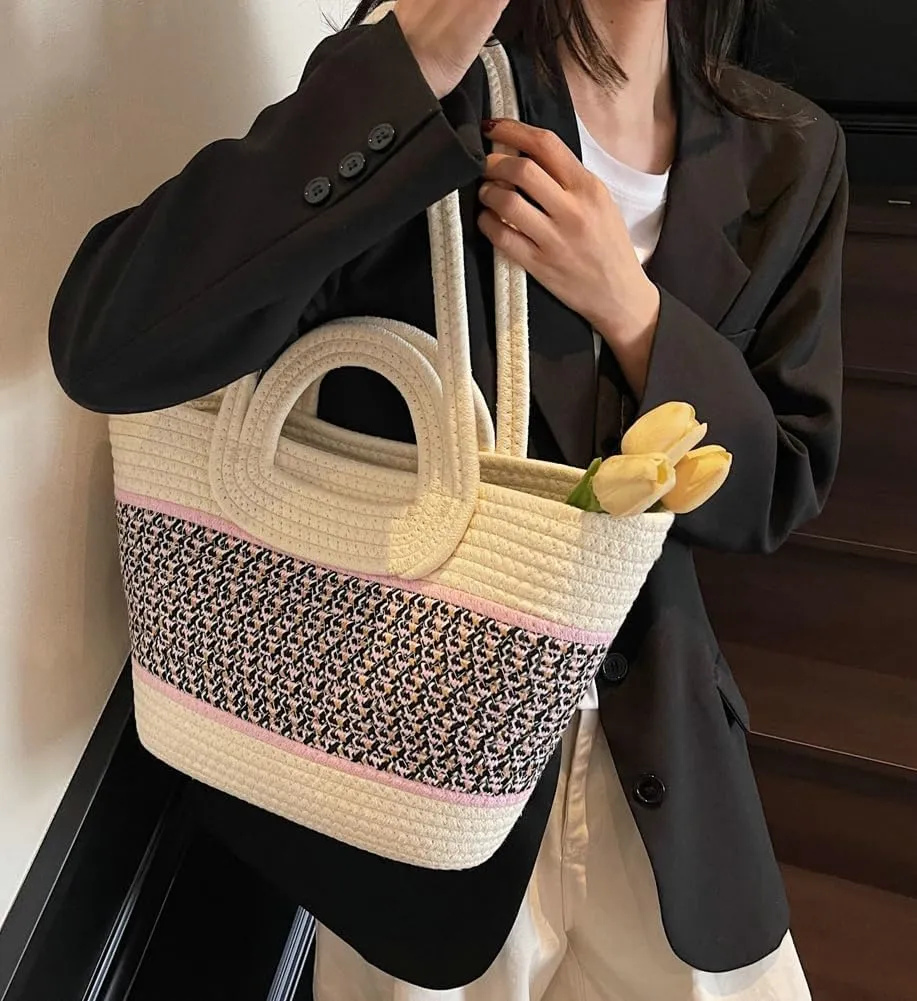 Epsion Summer Straw Tote Bags for Women Knitted Handbags Beach Woven Shoulder Bag Travel 2025