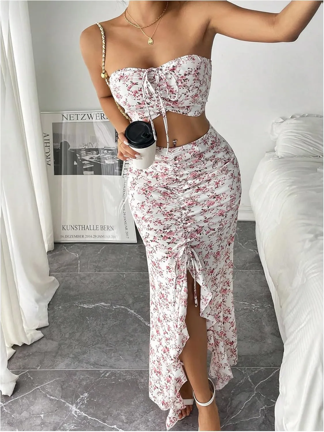 Floerns Women's 2 Piece Outfit Floral Drawstring Cropped Tube Split Maxi Skirt Set