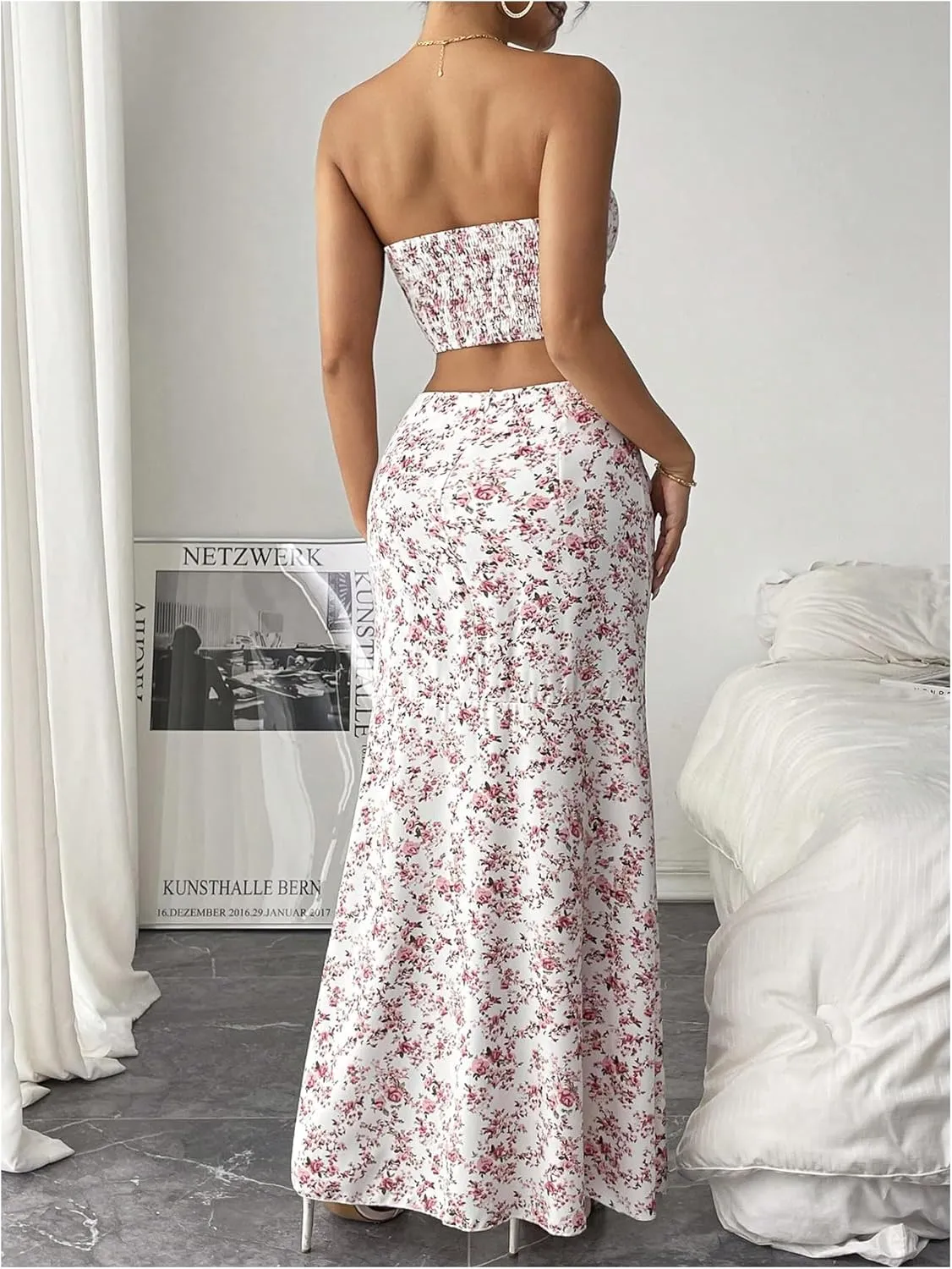 Floerns Women's 2 Piece Outfit Floral Drawstring Cropped Tube Split Maxi Skirt Set