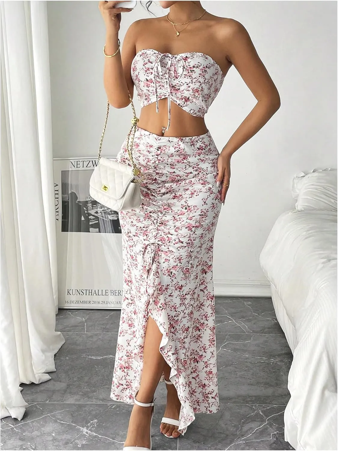 Floerns Women's 2 Piece Outfit Floral Drawstring Cropped Tube Split Maxi Skirt Set