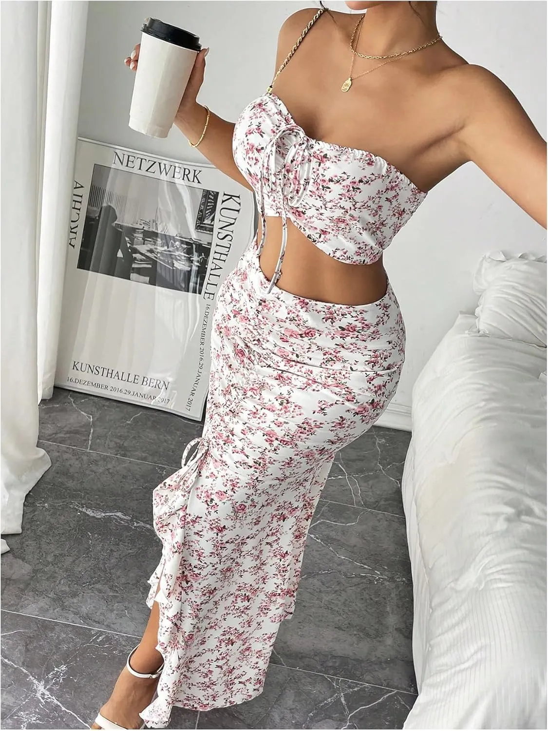 Floerns Women's 2 Piece Outfit Floral Drawstring Cropped Tube Split Maxi Skirt Set