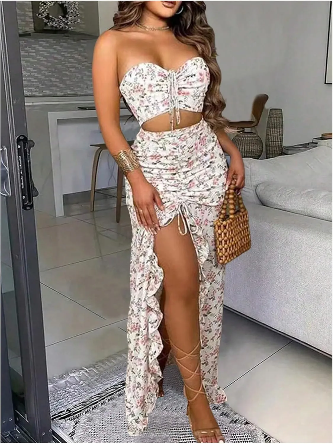 Floerns Women's 2 Piece Outfit Floral Drawstring Cropped Tube Split Maxi Skirt Set