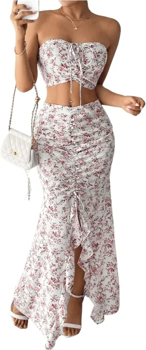Floerns Women's 2 Piece Outfit Floral Drawstring Cropped Tube Split Maxi Skirt Set
