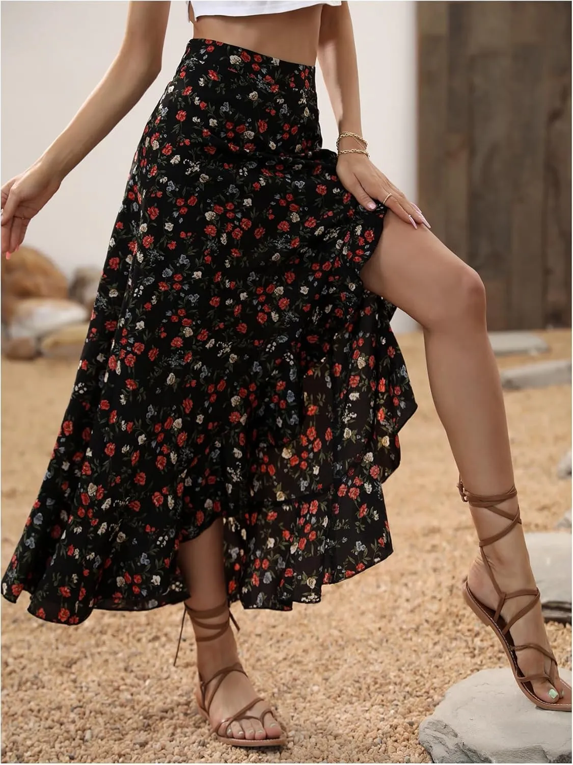 Floerns Women's Floral Print Ruffle Trim Split Skirt High Waisted Vacation Flowy Long Skirts