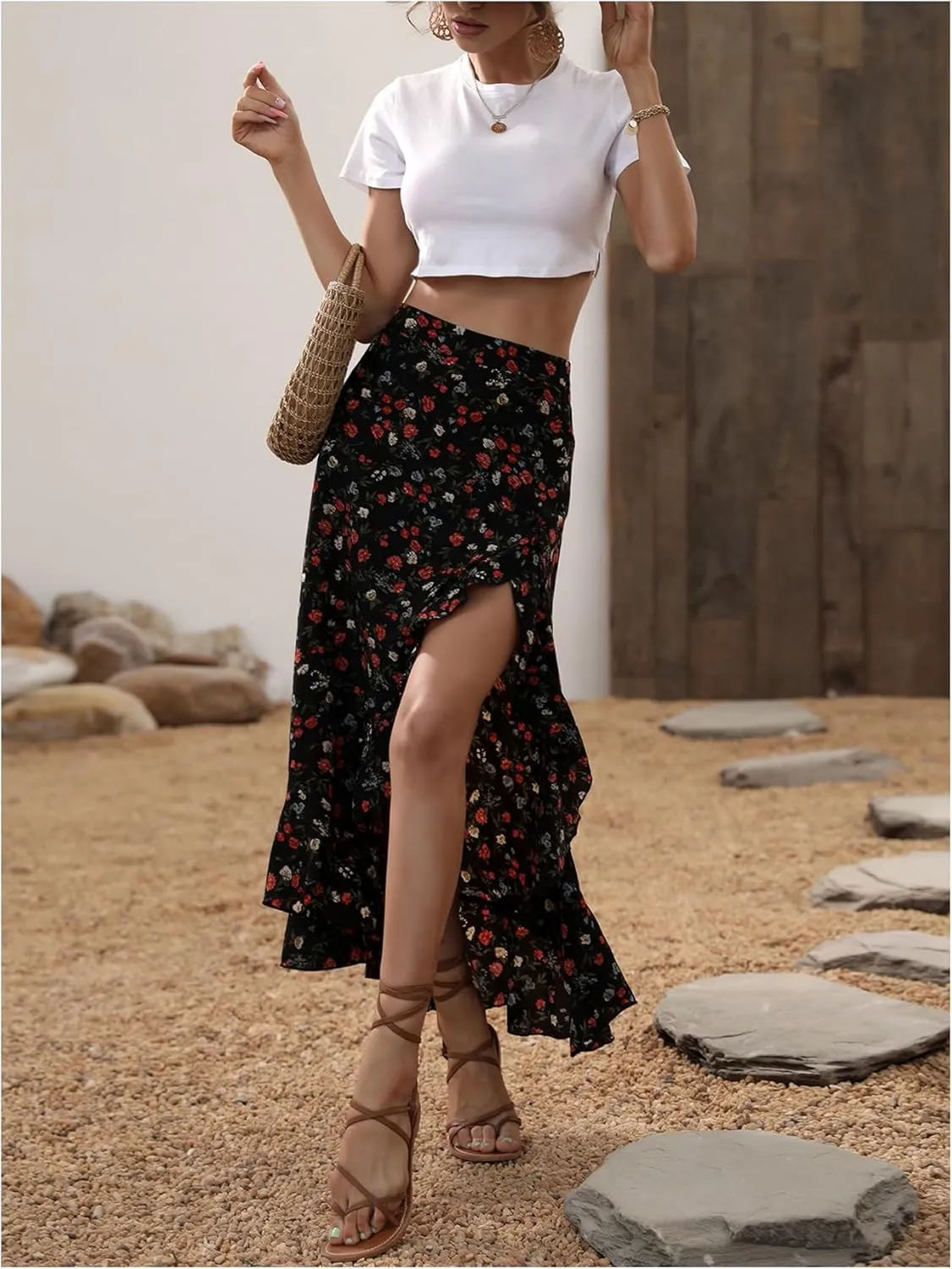 Floerns Women's Floral Print Ruffle Trim Split Skirt High Waisted Vacation Flowy Long Skirts