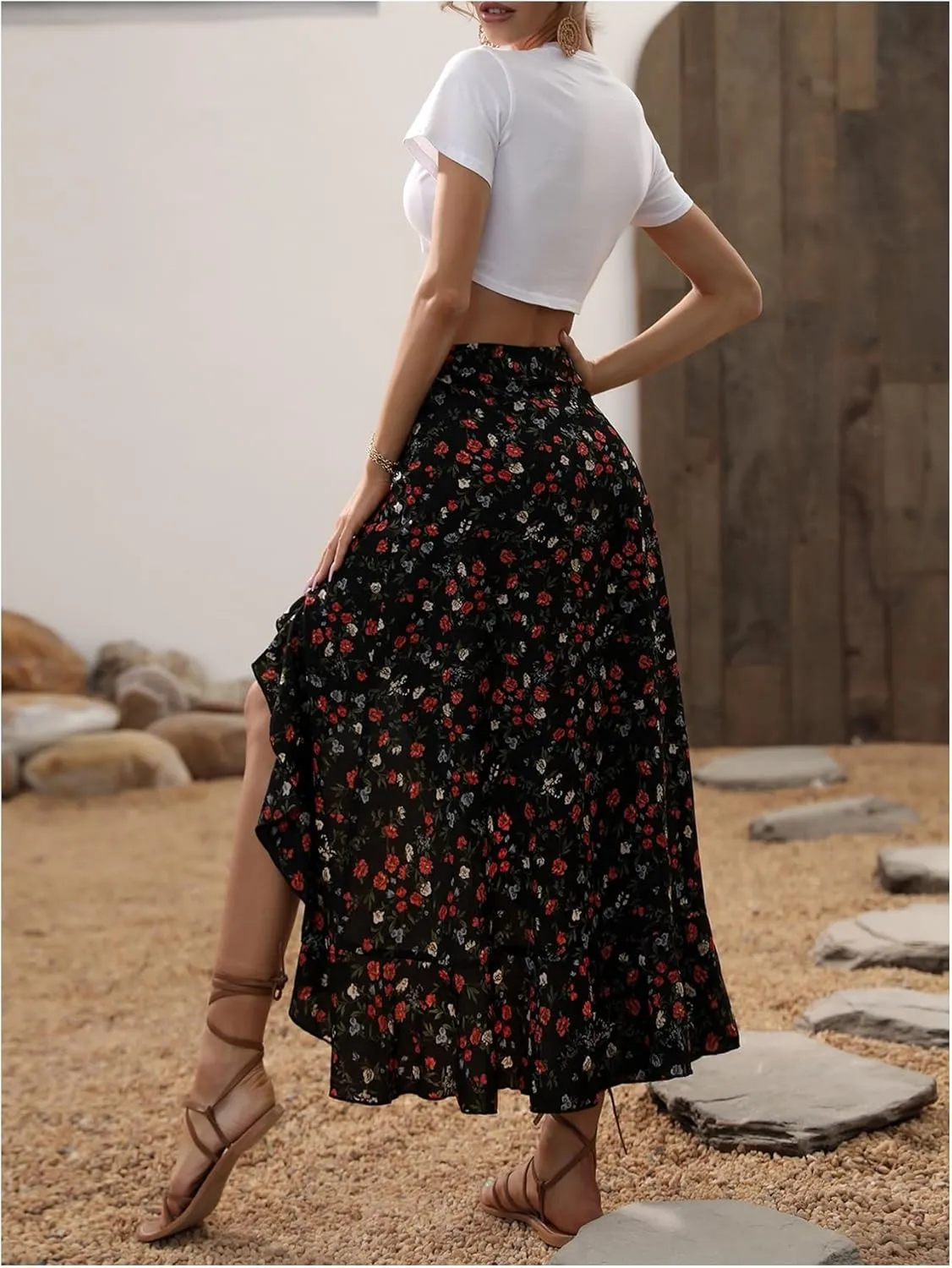 Floerns Women's Floral Print Ruffle Trim Split Skirt High Waisted Vacation Flowy Long Skirts