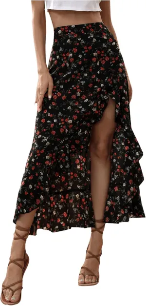 Floerns Women's Floral Print Ruffle Trim Split Skirt High Waisted Vacation Flowy Long Skirts