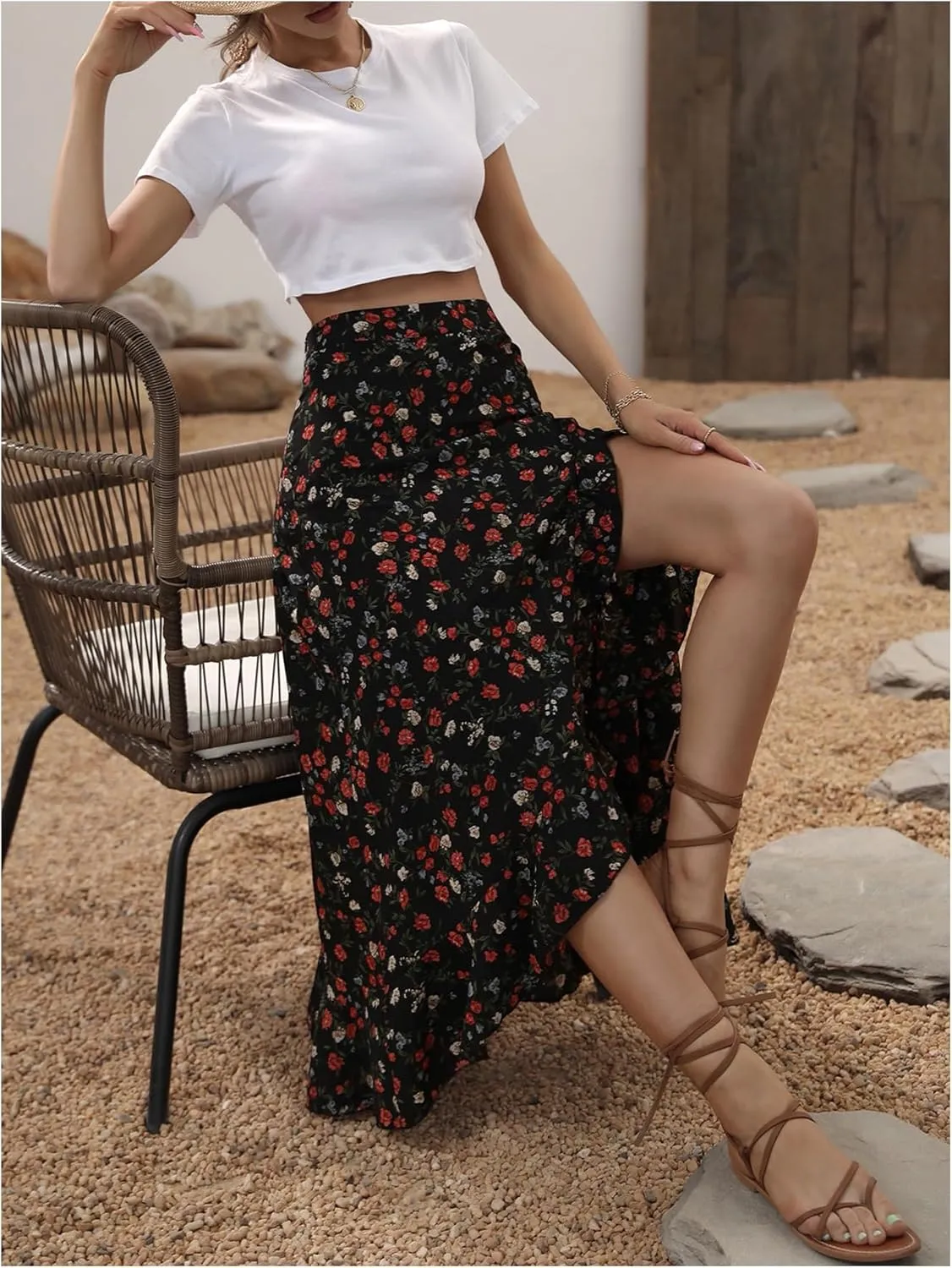 Floerns Women's Floral Print Ruffle Trim Split Skirt High Waisted Vacation Flowy Long Skirts