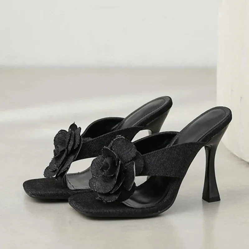 Flower detail Square Toe Thin High Heel Sandals