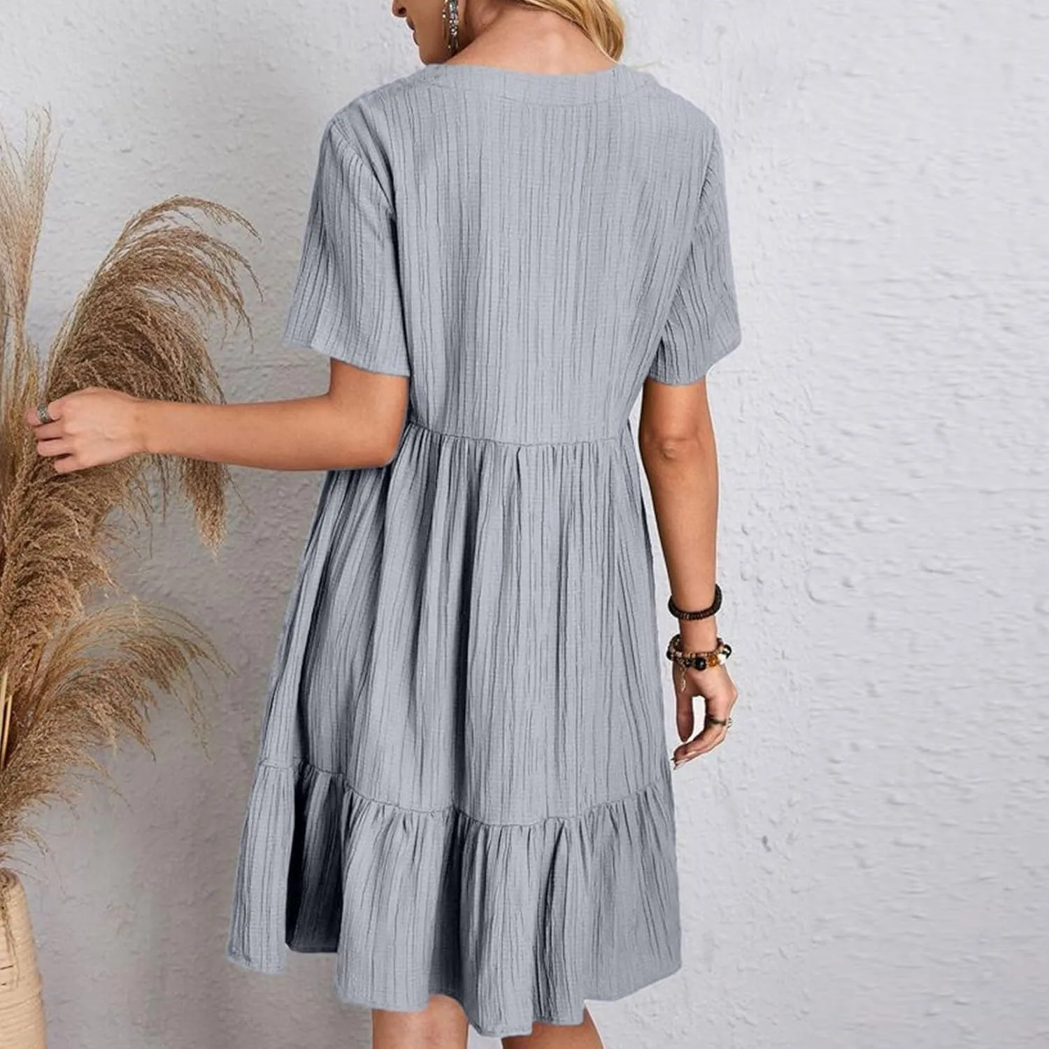 Flowy Dresses for Women 2025 Summer Short Sleeve Beach Dress Ruffle Tiered Layered A-Line Sundress Travel Boho Dress