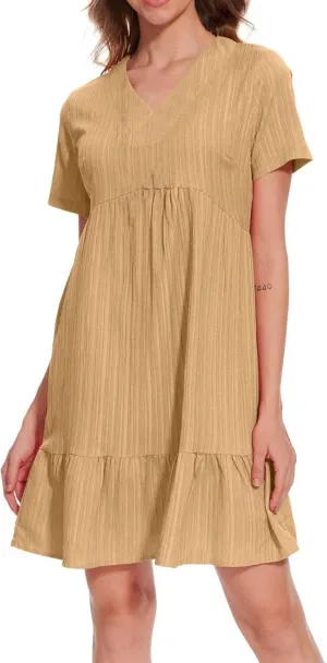 Flowy Dresses for Women 2025 Summer Short Sleeve Beach Dress Ruffle Tiered Layered A-Line Sundress Travel Boho Dress