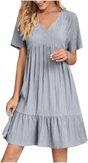 Flowy Dresses for Women 2025 Summer Short Sleeve Beach Dress Ruffle Tiered Layered A-Line Sundress Travel Boho Dress