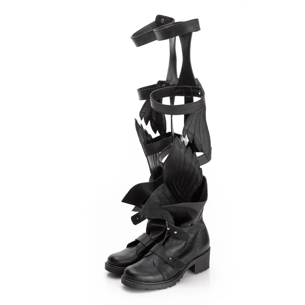 Fly with Me gladiator black leather boots