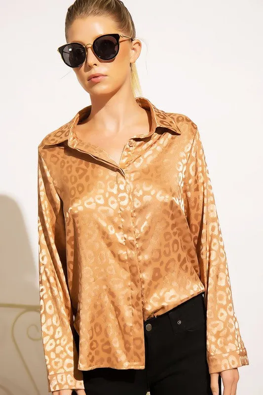 Galleria Satin Leopard Print Button Down Top