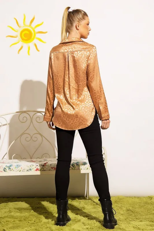 Galleria Satin Leopard Print Button Down Top