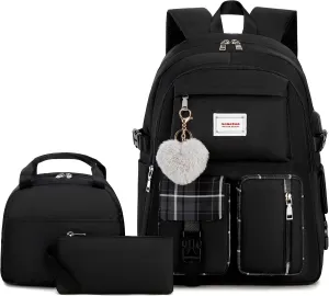 Girl Roomy Fashion Laptop Backpack Set Casual Daypack Set for Women Black