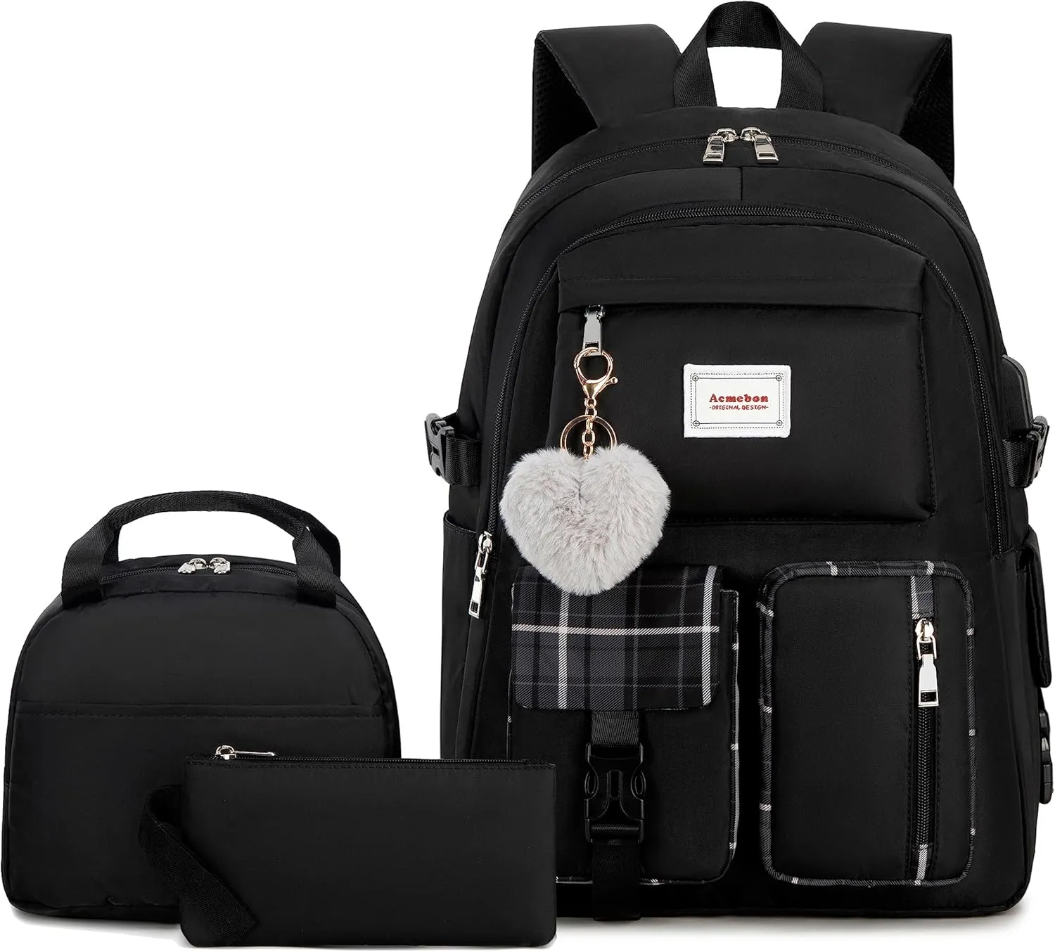 Girl Roomy Fashion Laptop Backpack Set Casual Daypack Set for Women Black