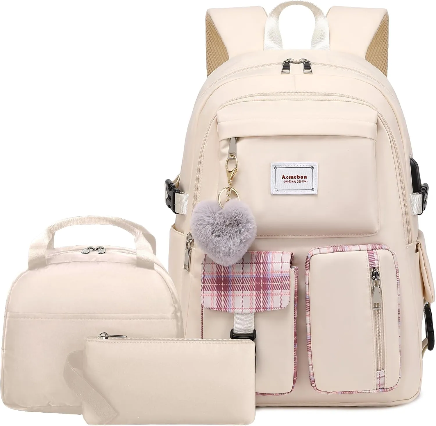 Girl Roomy Fashion Laptop Backpack Set Casual Daypack Set for Women Cream