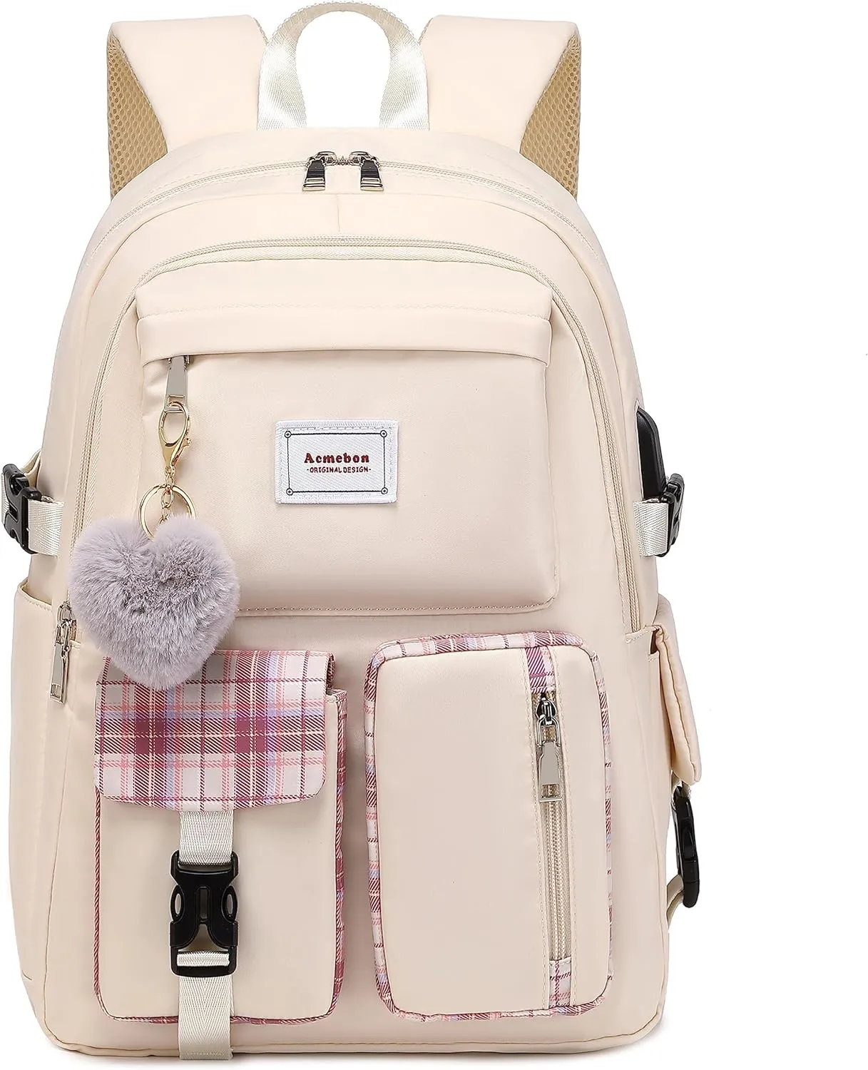 Girl Roomy Fashion Laptop Backpack Set Casual Daypack Set for Women Cream