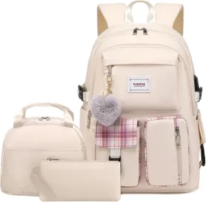 Girl Roomy Fashion Laptop Backpack Set Casual Daypack Set for Women Cream