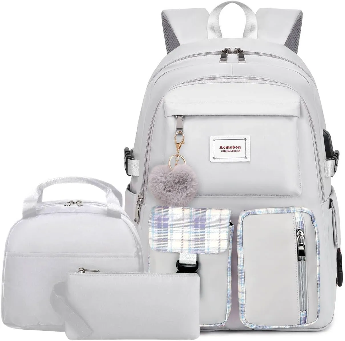 Girl Roomy Fashion Laptop Backpack Set Casual Daypack Set for Women Grey