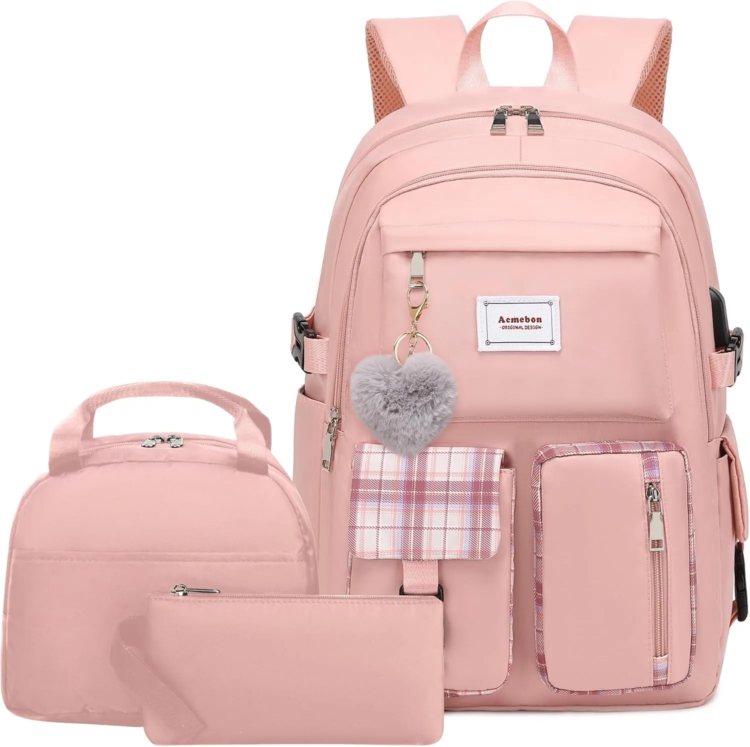 Girl Roomy Fashion Laptop Backpack Set Casual Daypack Set for Women Pink