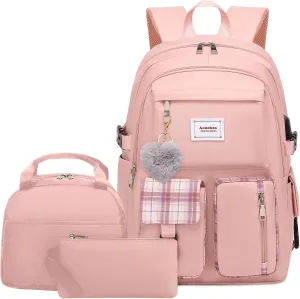 Girl Roomy Fashion Laptop Backpack Set Casual Daypack Set for Women Pink