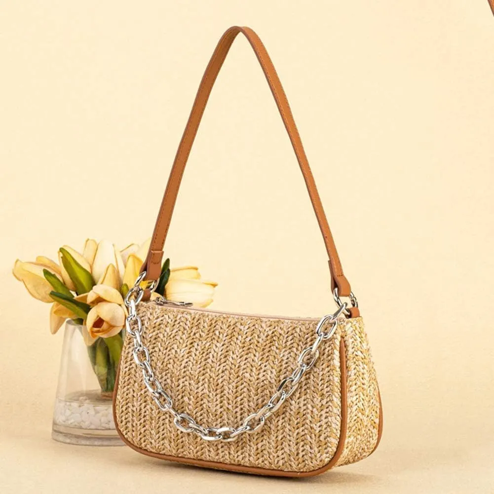 GL-Turelifes Summer Shoulder Bag Small Straw Bags Beach Bag Casual Clutch Shoulder HandBag with Zipper Closure for Women