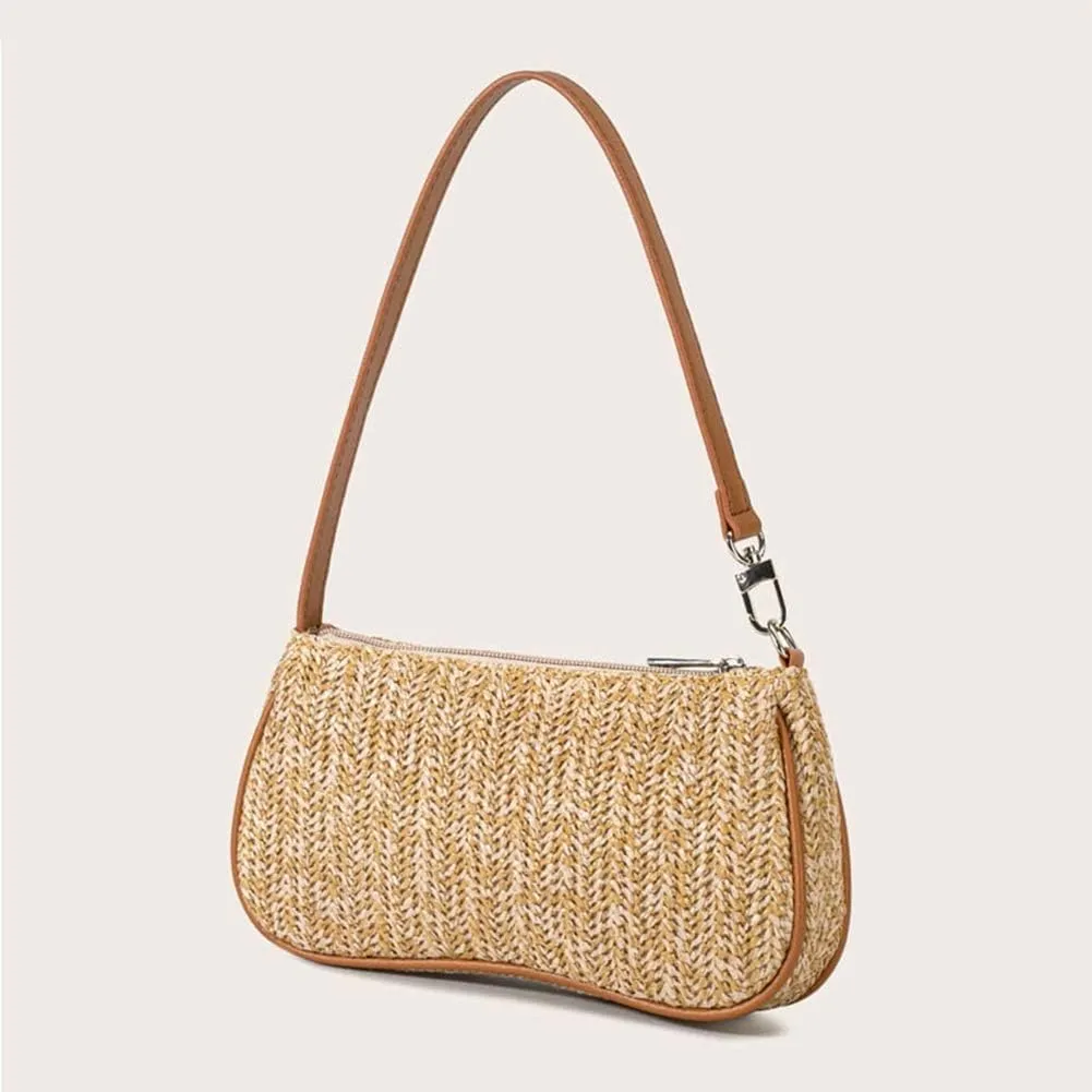 GL-Turelifes Summer Shoulder Bag Small Straw Bags Beach Bag Casual Clutch Shoulder HandBag with Zipper Closure for Women