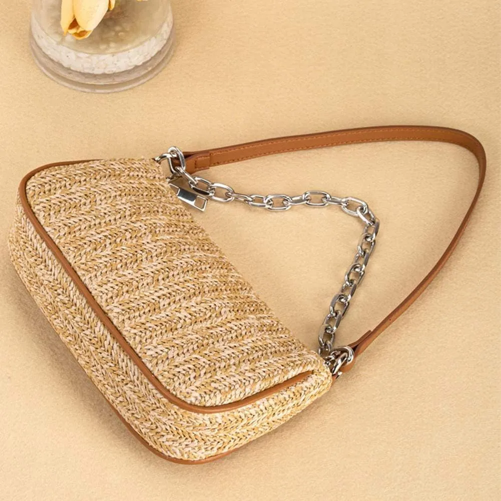 GL-Turelifes Summer Shoulder Bag Small Straw Bags Beach Bag Casual Clutch Shoulder HandBag with Zipper Closure for Women