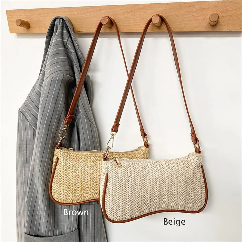 GL-Turelifes Summer Shoulder Bag Small Straw Bags Beach Bag Casual Clutch Shoulder HandBag with Zipper Closure for Women