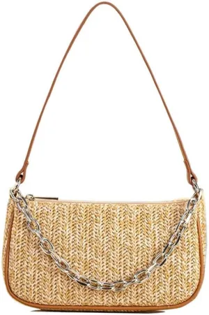GL-Turelifes Summer Shoulder Bag Small Straw Bags Beach Bag Casual Clutch Shoulder HandBag with Zipper Closure for Women