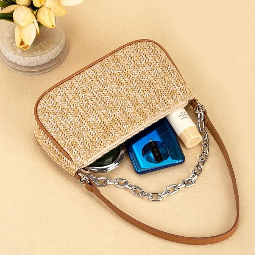 GL-Turelifes Summer Shoulder Bag Small Straw Bags Beach Bag Casual Clutch Shoulder HandBag with Zipper Closure for Women