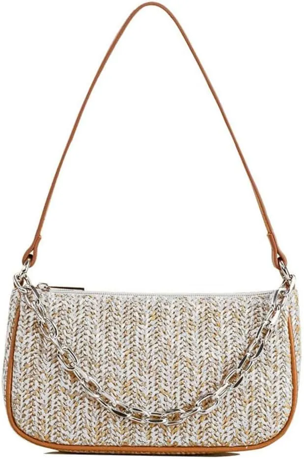 GL-Turelifes Summer Shoulder Bag Small Straw Bags Beach Bag Casual Clutch Shoulder HandBag with Zipper Closure for Women