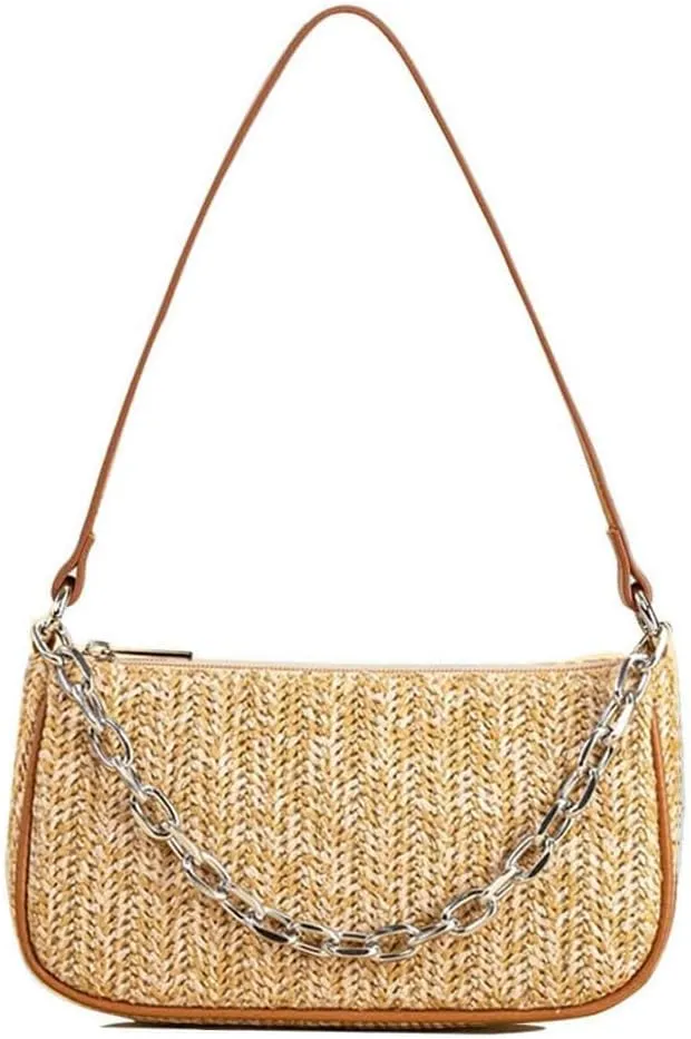 GL-Turelifes Summer Shoulder Bag Small Straw Bags Beach Bag Casual Clutch Shoulder HandBag with Zipper Closure for Women