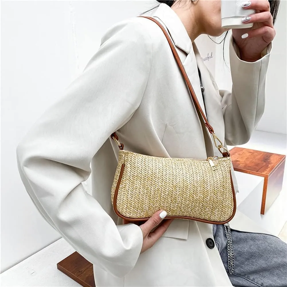 GL-Turelifes Summer Shoulder Bag Small Straw Bags Beach Bag Casual Clutch Shoulder HandBag with Zipper Closure for Women