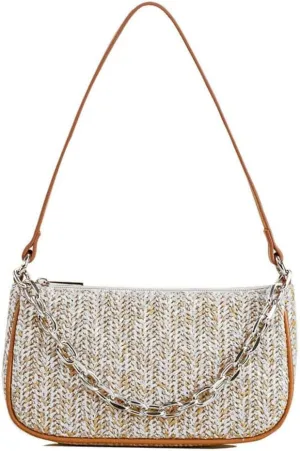 GL-Turelifes Summer Shoulder Bag Small Straw Bags Beach Bag Casual Clutch Shoulder HandBag with Zipper Closure for Women