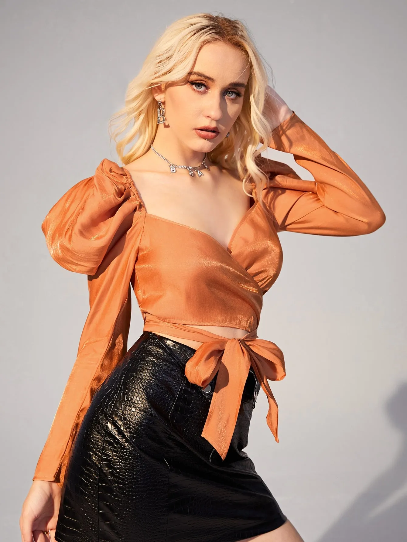 Glamorous Plain Wrap Long Sleeve Sweetheart Crop Blouse