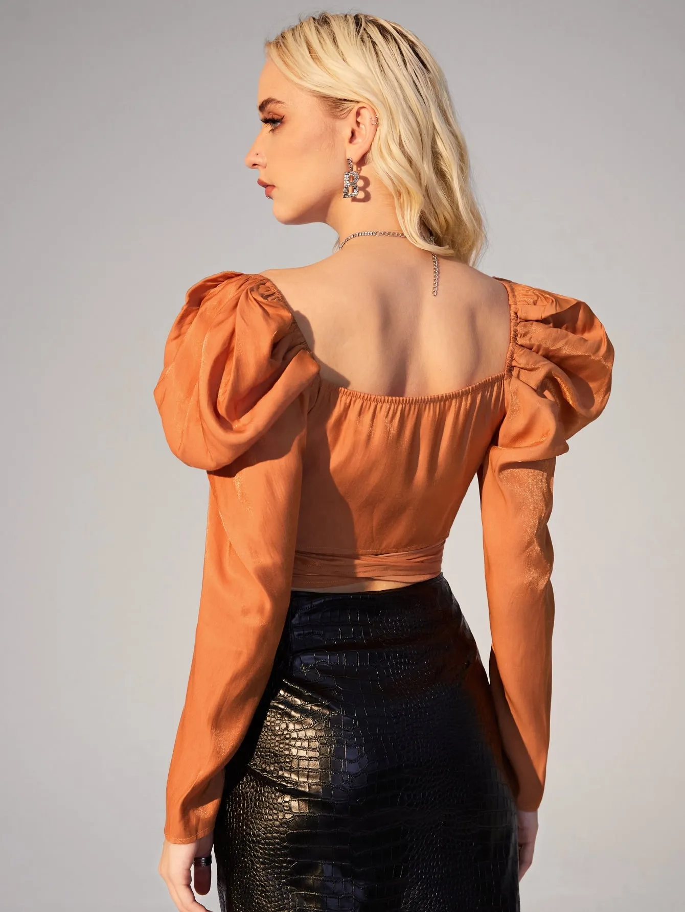 Glamorous Plain Wrap Long Sleeve Sweetheart Crop Blouse