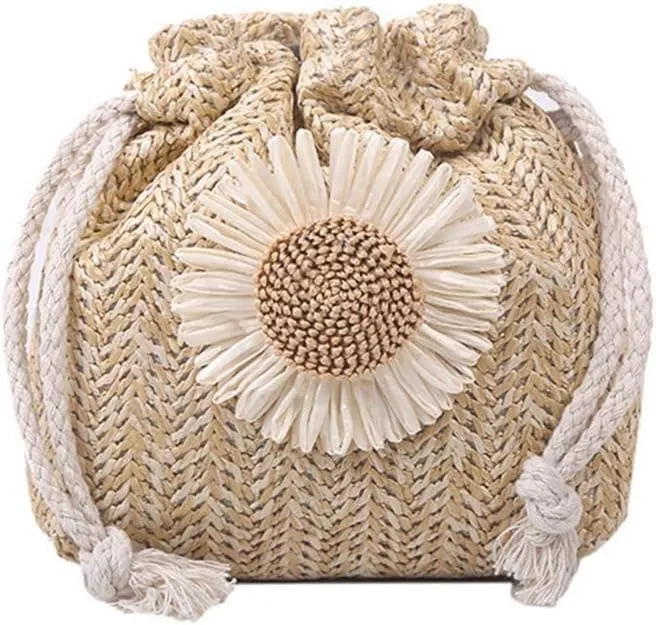 GRPKSSIB Women Straw Handbag Sunflower Crossbody Bag Mini Drawstring Purse Summer Beach Shoulder Bag Bucket Tote Bag