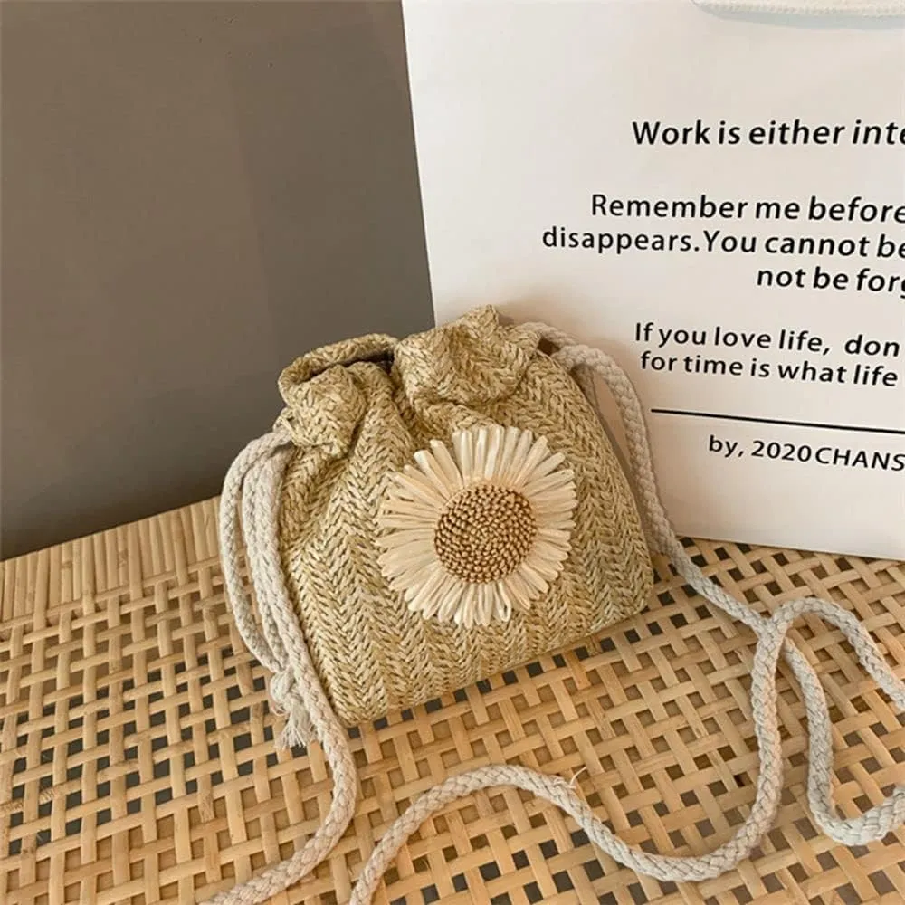 GRPKSSIB Women Straw Handbag Sunflower Crossbody Bag Mini Drawstring Purse Summer Beach Shoulder Bag Bucket Tote Bag