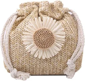 GRPKSSIB Women Straw Handbag Sunflower Crossbody Bag Mini Drawstring Purse Summer Beach Shoulder Bag Bucket Tote Bag
