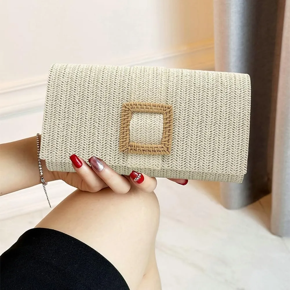 Halemet 2025 Chic Straw Clutch Purses for Women Elegant Evening Bag Formal Clutch Beach Bag Shoulder Purse for Party Wedding