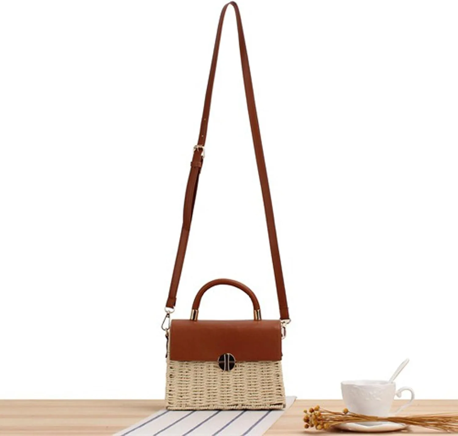 Hand woven rattan bag, summer leather flip beach bag, women's straw woven handbag