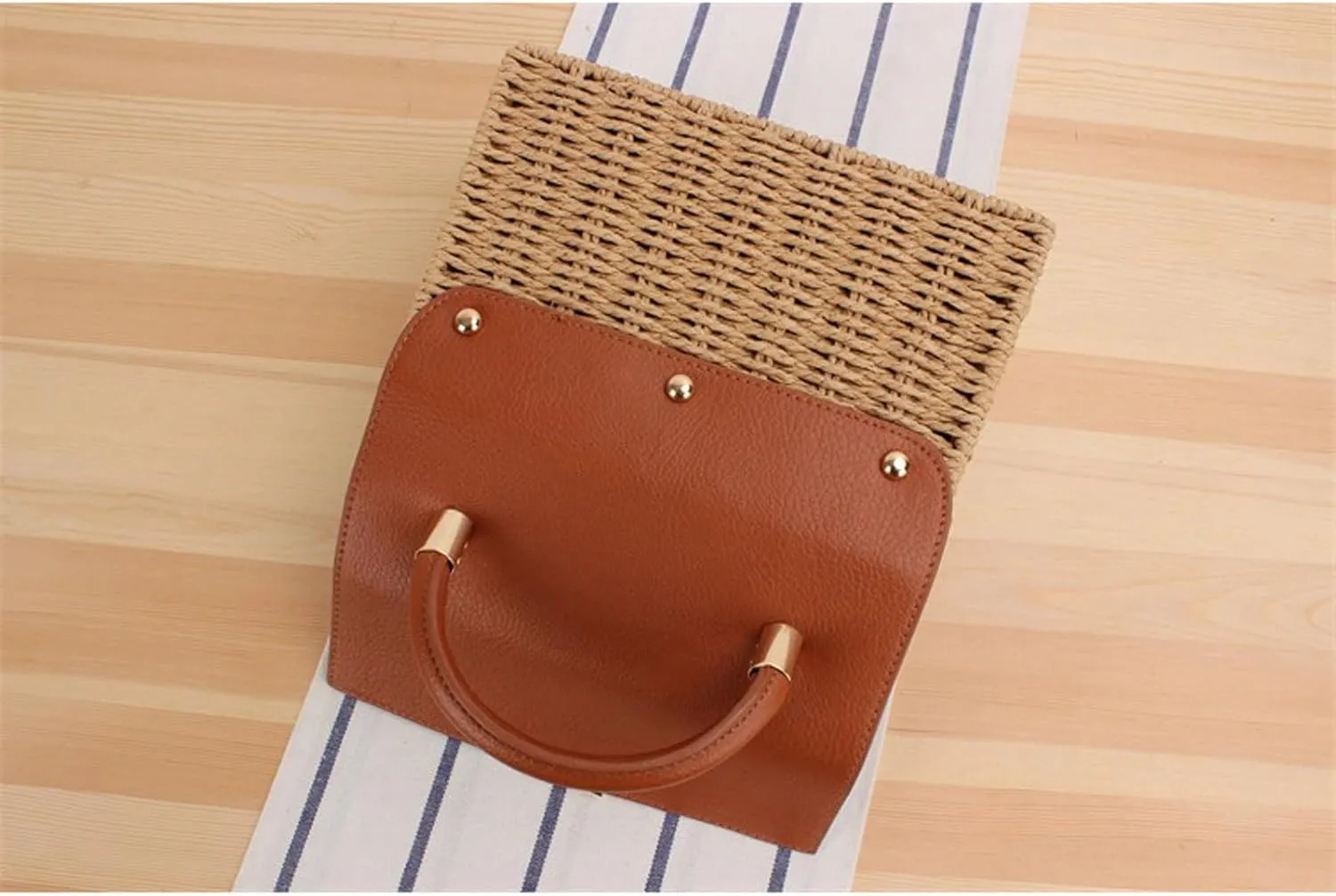 Hand woven rattan bag, summer leather flip beach bag, women's straw woven handbag