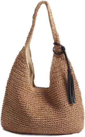 Hand-woven Soft Large Straw Shoulder Bag with Black Tassels Boho Straw Handle Tote Retro Summer Beach Bag Rattan Handbag